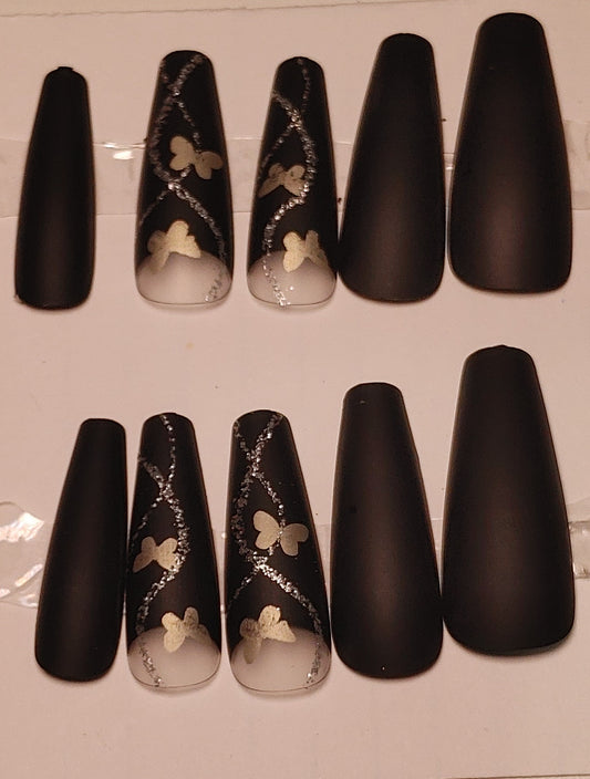 Custom black butterfly long nails